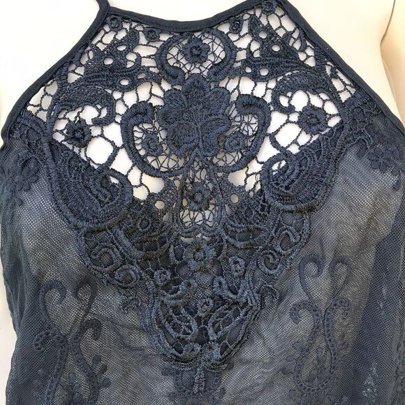 In Bloom By Jonquil Black Sheer Mesh Lace Halter Top Sz M Goth Coquette Grunge - Picture 3 of 8